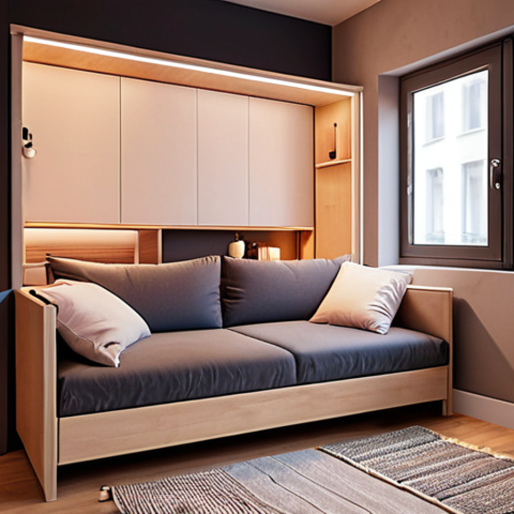 **

Cozy micro-apartment interior, showcasing a multi-functional sofa transforming into a bed, warm lighting, minimalist decor, emphasizing space-saving solutions.

**