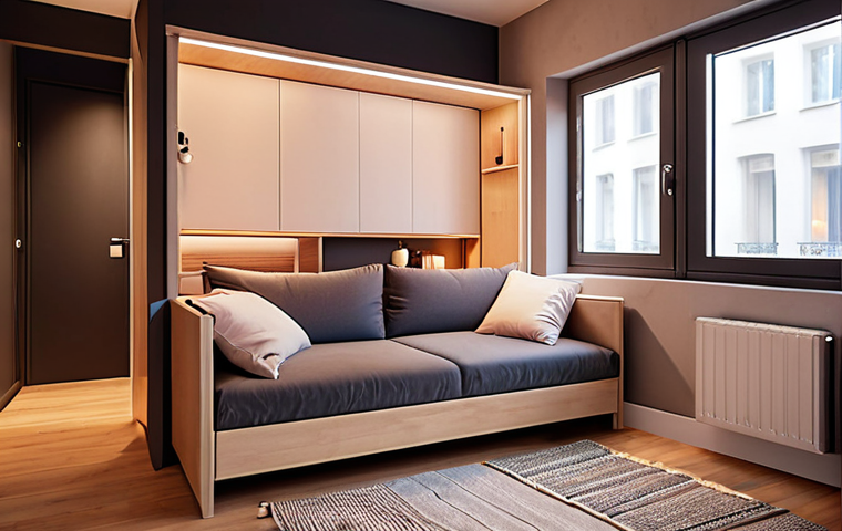 **

Cozy micro-apartment interior, showcasing a multi-functional sofa transforming into a bed, warm lighting, minimalist decor, emphasizing space-saving solutions.

**