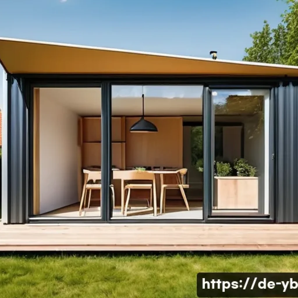 마이크로 하우스의 현대적 주거 모델 - A modern, compact microhouse situated in an urban German setting such as Berlin, showcasing efficien...