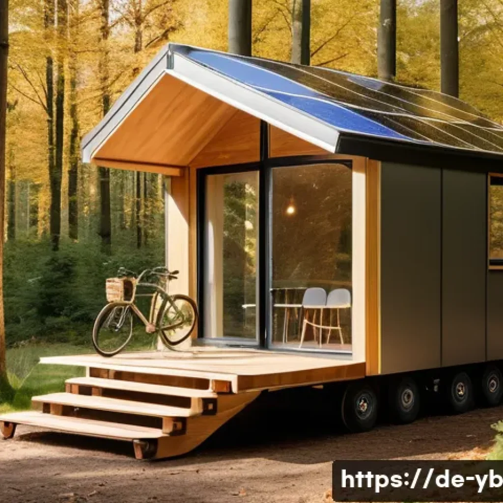 마이크로 하우스의 이동 가능성  장점과 비판 - A cozy, modern micro house on wheels parked in a lush German forest clearing during early autumn. Th...