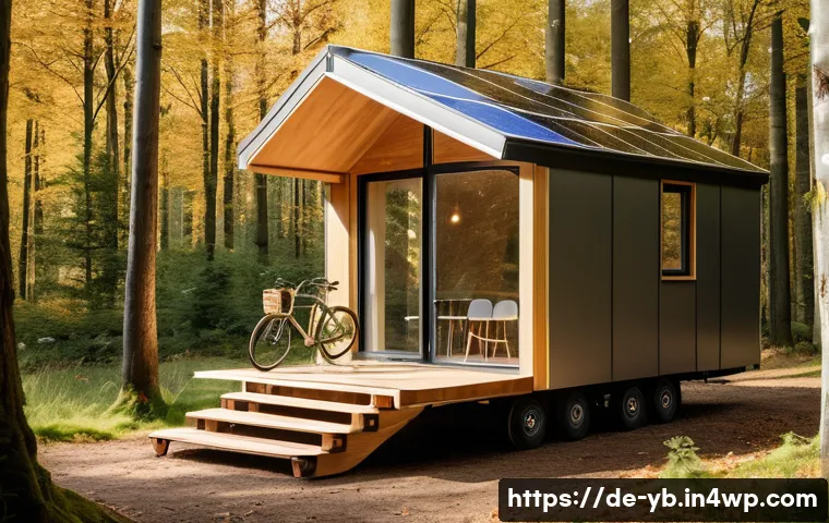마이크로 하우스의 이동 가능성 장점과 비판 - A cozy, modern micro house on wheels parked in a lush German forest clearing during early autumn. Th...