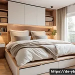 Home 22 마이크로 하우스에서의 수면 공간 조성 - A cozy micro house bedroom showcasing multifunctional furniture: a wooden bed with integrated storag...