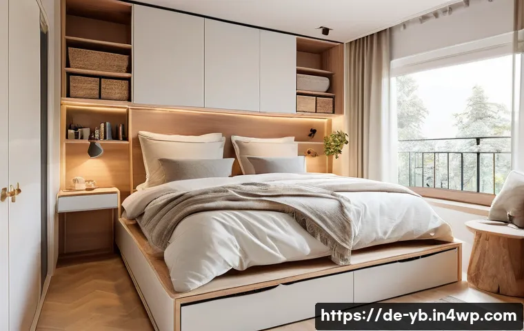 마이크로 하우스에서의 수면 공간 조성 - A cozy micro house bedroom showcasing multifunctional furniture: a wooden bed with integrated storag...