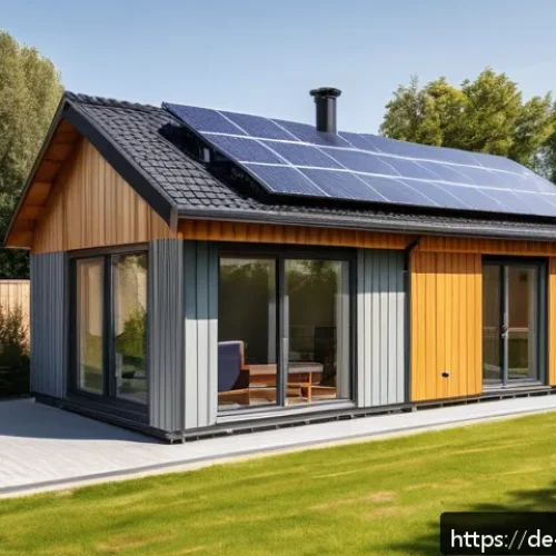 Home 33 마이크로 하우스의 안전성 평가 - A compact German micro house exterior in a suburban setting, showcasing a modern modular design with...