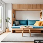 Home 18 마이크로 하우스의 인테리어 디자인 트렌드 분석 - A modern micro house interior showcasing multifunctional furniture as the focal point: a stylish sof...