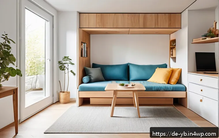 마이크로 하우스의 인테리어 디자인 트렌드 분석 - A modern micro house interior showcasing multifunctional furniture as the focal point: a stylish sof...