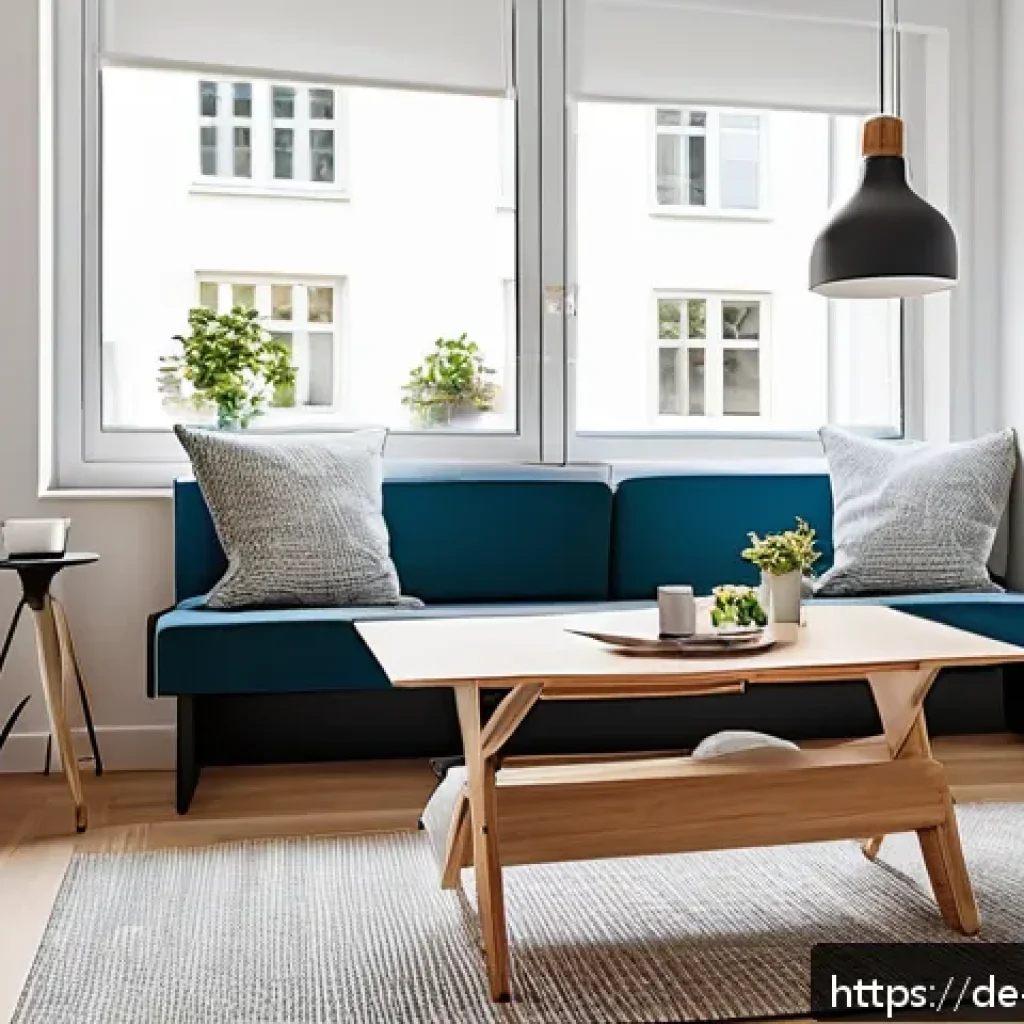 마이크로 하우스에서의 정리 수납 비법 - A modern micro-apartment interior featuring multifunctional furniture: a stylish sleeping sofa that ...