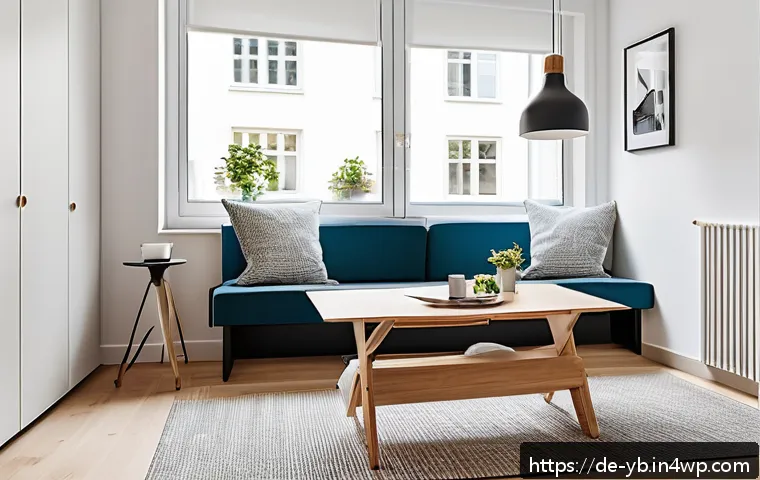 마이크로 하우스에서의 정리 수납 비법 - A modern micro-apartment interior featuring multifunctional furniture: a stylish sleeping sofa that ...