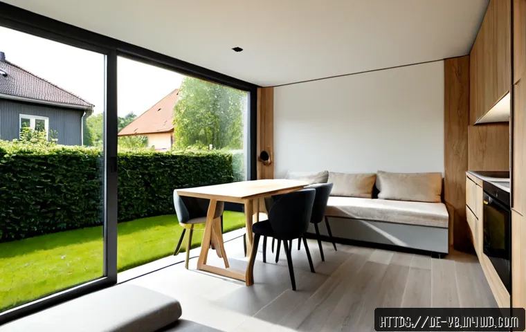 마이크로 하우스의 인테리어 트렌드 2023 - Photorealistic interior of a modern German micro house, compact open-plan living area with pale oak ...