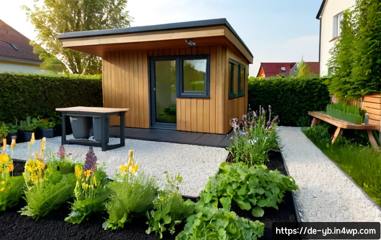 마이크로 하우스를 위한 정원 디자인 - Photorealistic compact garden design beside a modern micro house in a German suburban setting, pale ...